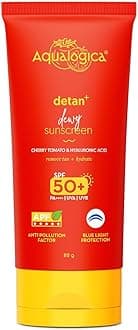Detan+ Dewy Sunscreen SPF 50+ PA++++ with Cherry Tomato & HA - 80 g | Broad Spectrum SPF 50+ PA++++ | UVA/B & Blue Light Protection | Anti-Pollution Factor (APF) Technology | In Vivo Tested | Removes Tanning | Fragrance-Free & No White Cast | For Detan & Even Skin