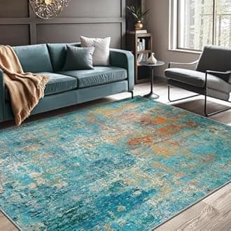Washable Area Rugs 6'x9' Non-Slip Modern Abstract Soft for Living Room Entryway Bedroom Nursery, Print Pattern, Teal Blue Green Orange Rust Red Coloreful