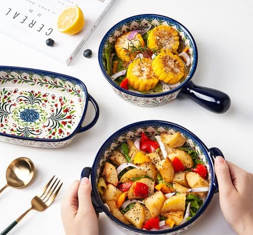 Bicuzat Vintage Style Tulip Flower Pattern Ceramic Bakeware Casserole Dish Baking Pan Lasagna Pans Baking Dish with Handles for Oven/Cooking/Kitchen-1 PCS-32 OZ