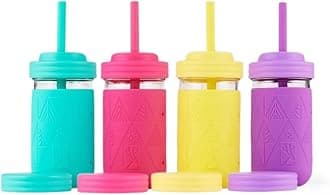 Elk and Friends Kids + Toddler Glass Cups | The Original 12oz Glass Mason Jar with Sleeves + Lids | Silicone Straws + Stopper | Smoothie Cup | Food Storage | Spill Resistant | Dishwasher Safe | 4 Pack