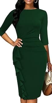 Church Dresses for Women 3/4 Sleeve Bodycon Ruffle Vintage Wear to Work Pencil Midi Dress