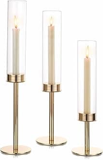 Hewory Gold Candle Holders, 3Pcs Hurricane Candlestick Holders with Glass Candle Cover for Wedding Table Centerpiece Christmas Decor