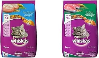 Adult (+1 Year) Dry Cat Food, Ocean Fish Flavour, 7kg Pack & Whiskas Adult (+1 Year) Dry Cat Food, Tuna Flavour, 7kg Pack