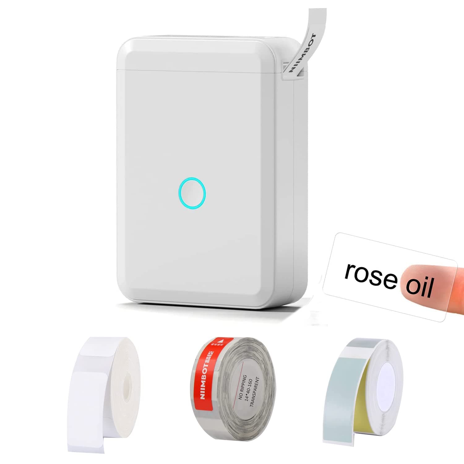 Label Makers, GOOLSUN D110 Portable Wireless Rechargeable Printer, Bluetooth Connection with Phone/Tablet, for Home Office -with 3 Rolls of Tape (White, Transparent, 5-Color)