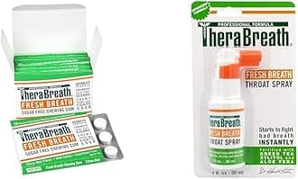 TheraBreathChewing Gum with ZINC Citrus Mint 10 Count Pack of 6 & Throat Spray with Green Tea 1 Ounce