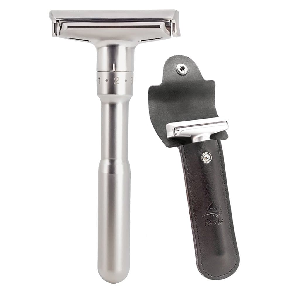 Safety Razor Kit, River Lake Chrome Long Handle Double Edge Classic Safety Razorr with H1 Razor Holder Set (1 Razor and 1pc Genuine Leather Case)