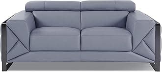 BlackJack Furniture Gianni Top Grain Italian Leather Set with 9-Position Adjustable Headrests, Contemporary Geometric Pattern, Chrome Hardware & Durable Hardwood, Chair, Loveseat, Sofa, Light Blue