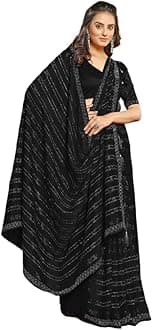 Satrani Women's Chiffon Dyed & Hot Fixing & Zari Saree with Unstitched Blouse Piece