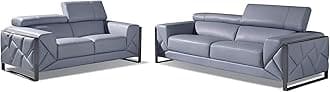 BlackJack Furniture Gianni Top Grain Italian Leather Set with 9-Position Adjustable Headrests, Contemporary Geometric Pattern, Chrome Hardware & Durable Hardwood Frame Loveseat, Sofa, Pigeon Blue