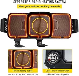 VEVOR Electric Grill and Hot Pot, 2400W Electric Smokeless Grill and Hot Pot, 2 in 1 Electric Hot Pot with Dual Temp Control, Multifunctional Teppanyaki Grill with Nonstick Coating for 1-8 People