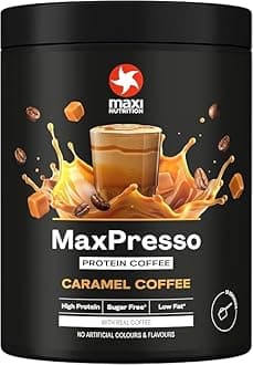 MaxPresso Caramel, Protein Coffee, Whey Protein Powder, 21 g Protein per Serving, Sugar-Free & Low-Fat, Mix Warm or Cold
