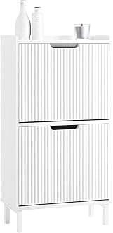 SoBuy Narrow Shoe Rack with 2 Flip Drawers Slim Wooden Shoe Storage Cupboard for Hallway Entrance Foyer or Understairs White W50 x D19 x H90cm FSR177-W