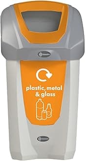 Nexus 30 Plastic, Metal & Glass Recycling Bin (Grey, Orange Sticker) – Plastic Recycling Container for Mixed Waste – Compact 30-Litre Mixed Recyclables Recycling Bin