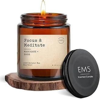 EM5 Focus & Meditate Aromatherapy Scented Candle | Mahogany & Sage | 100% Natural Wax & Lead Free Wick | Upto 30 Hours of Clean Burning | Smokeless & Non-Toxic Candles | 100gm