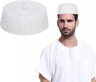 Mens Muslim Hat Islamic Prayer Cap, Muslim Eid Prayer Embroidered Kufi Fat Ramadan Mosque Arab Indian Prayer Cap