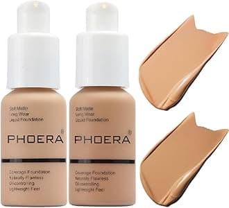 Meifen 2 Pack PHOERA Foundation 104- Buff Beige and 105- Sand, Flawless Soft Matte Liquid Foundation 24 HR Oil Control Concealer Foundation Makeup.