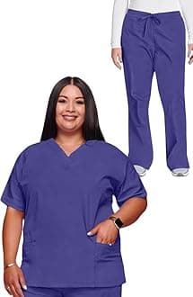 Cherokee Scrub set for women Traditional Fit Dolman Sleeve, V-neck Top 4700 Natural Rise Flare Leg Drawstring Pant 4101