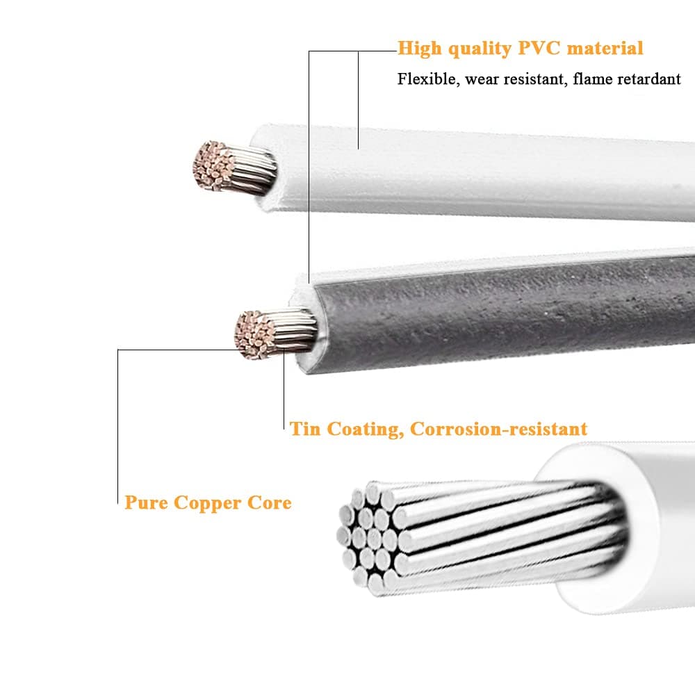 White-Jacketed 22 AWG Hookup Wire 66ft Stranded Electrical Wire, PVC Insulated 2 Conductor Wire, 22 Gauge Low Voltage Tinned Copper Electric Cable for Home, LED Light, Lamp with 10 Wire Connectors