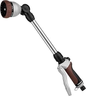 RESTMO 48cm Watering Lance, Long Metal Spray Lance | 180° Adjustable Ratcheting Head | 7 Spray Patterns Extension Hose Wand, Perfect Garden Sprayer Gun to Water Hanging Baskets, Shrubs, Brown