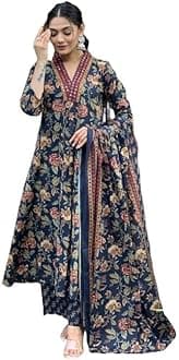 Women's Cotton Blend Anarkali Printed Kurta with Palazzo & Dupatta