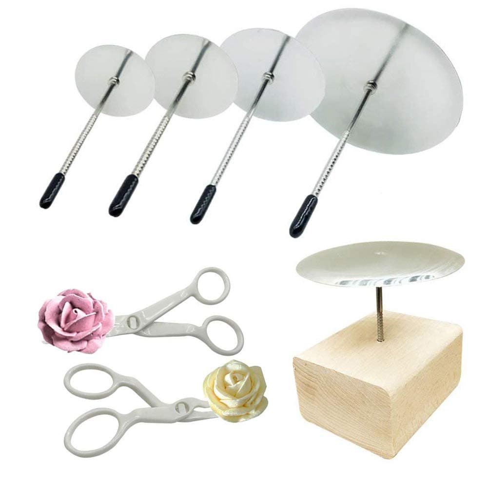 7 PCS Cake Decorating Supplies Includes 4 PCS Cake Flower Nail, 2 PCS Flower Lifters and 1 PCS Wood Flower Nails Holder, Cupcake Decor Tools Baking Tools for Icing Flowers Decoration
