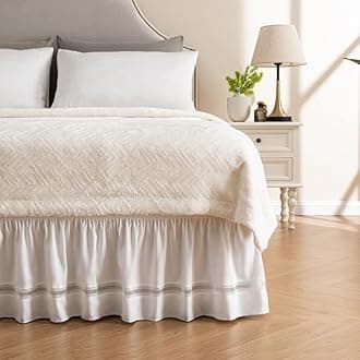 MIYE Wrap Around Ruffled Lace Bed Skirt, Elastic Dust Ruffle with Adjustable Belts, Easy to Put On, Bed Frame Cover, Machine Washable (Ruffled Lace/White, King/Queen-12.5" Drop)