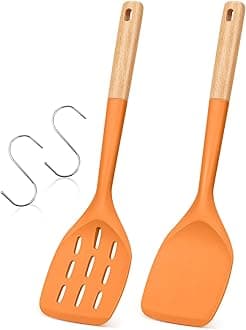 Pack of 2 Silicone Spatula, Non Stick Cooking Utensil Set, Wooden Handle Kitchen Turner for Baking Mixing Grilling Serving Food Heat Resistant (ORANGE)