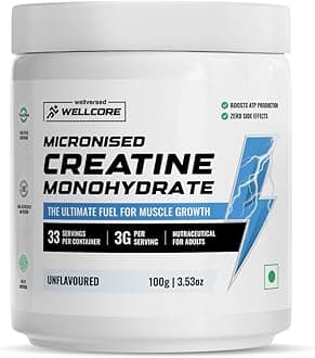 Wellcore Pure Micronised Creatine Powder (33 Servings, Unflavoured) For Enhanced Muscle Strength With Rapid Absorption | Creatine Monohydrate | Wellcore Creatine Flavoured - 100g
