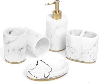 HaturiBathroom Accessories Set, 5 Pcs Marble Look Bathroom Sets for Counter Top Restroom Apartment Decor Stuff, Imitated Resin Kits, Gift for Women and Men-Ink White with Gold