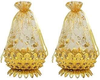 AASA Decorative Net Potli Baskets for Wedding, Packing Shagun Bags (Golden) - Set of 2Pcs