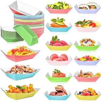 MotBach 180 Pack Colorful 1/2Lb Paper Food Boat Trays Disposable Small Paper Boats Plates Containers, 0.5Lb Mini Kraft Food Serving Boat Tray Bowl for Snack Dessert Taco Popcorn BBQ Sauce Fries Nacho