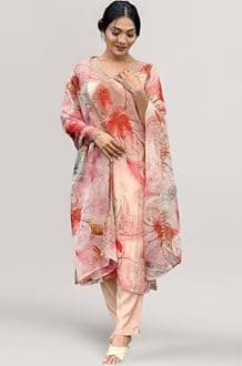 Cotton Blend Embroidered V Neck Kurta Set for Women | Straight Fit Kurta with Pants & Dupatta | Casual Office Wear Ethnic Kurti for Women