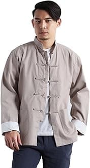 IdopyMen`s Chinese Traditional Linen Cotton Tai Chi Kung Fu Mandarin Collar Frog-Button Shirt