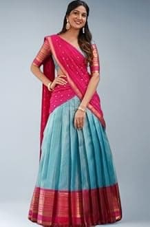 ZETONWomen's KanjiVaram Silk Pure Zari Weaving Lehenga Choli Beautiful Checks Design with Dupatta Blouse (PINK GREEN) (Unstitched)