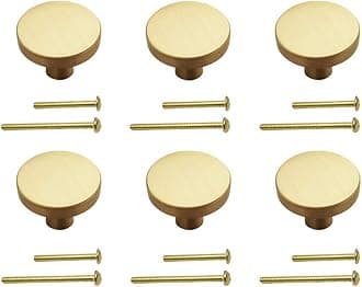6 Pack Brushed Brass Cabinet Knobs Solid Gold Round Dia.30MM Golden Cabinet Door Hardware Pull Dresser Knob Drawer Handle (1.2" Round)