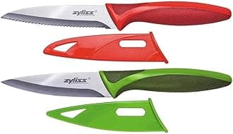 Zyliss Classic Paring Knife Set with Sheath Cover - Precision Knives for Cutting, Slicing & Peeling - Small Culinary 3 ¼” Paring Knife & 3 ¾” Serrated Knives - Carbon Stainless Steel Blade - Red/Green