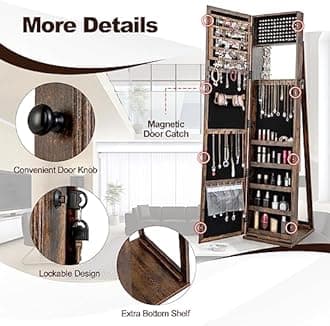 CHARMAID Jewelry Armoire with Higher Full Length Mirror, Lockable Jewelry Cabinet Organizer with Large Storage Capacity, Inside Makeup Mirror, Stable Base, Easy Assembly (Rustic Brown)
