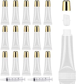 AMORIX 50PCS Lip Gloss Containers 10ml Gold Lip Gloss Tubes Empty Lip Balm Tubes Squeeze Tubes Lipgloss Supplies Lip Gloss Kit for Lip Gloss Base + 2 x 20ml Syringes & Labels