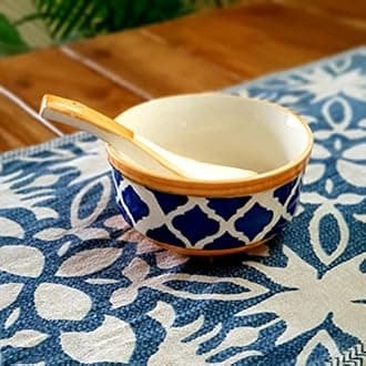 Hand-Painted Ceramic Soup Bowls Set of 6 with Matching Spoon | Yellow Bowls, 300ml Each | Ideal for Serving Soup, Maggi, Dessert | Microwave and Dishwasher Safe