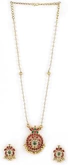 Gold-Plated Handcrafted Artificial Jewelry Set with Ruby, White Emerald Studs & Gold-White Beads with Earrings For Women and Girls – Perfect for Weddings and Special Occasions