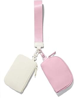 Mini Zip Around Keychain Wristlet Wallets Small Portable Dual Pounch Wristlet Detachable Coin Purse Pocket Gifts for Women Travel Sports Outdoors (Cream White+Pink)
