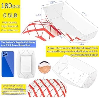 MotBach 180 Pack Checkered 1/2Lb Paper Food Boat Trays Disposable Small Paper Boats Plates Containers, 0.5Lb Mini Kraft Food Serving Boat Tray Bowl for Snack Dessert Popcorn BBQ Sauce Taco Fries Nacho