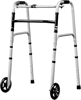 Stepped Handrail Walker with 6-inch Bearings Wheels - Aluminum Foldable Walkers for Seniors, 8-Level Height Adjustable Walkers for Elderly, Lightweight Folding Walker with Small Bag, Silver