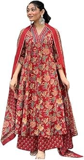 MEERA FAB Women's Cotton Blend Anarkali Printed Kurta with Palazzo & Dupatta