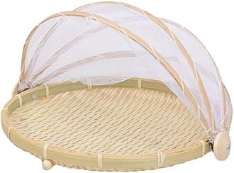 Bamboo Tent Basket Food Serving, Mesh Cover, Hand Woven Insect Bug Proof, Dustproof Fruit Vegetable Bread Storage Container for Picnic, Outdoor, Home Drying (Round,L)