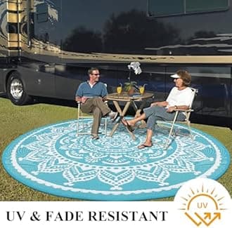 Bsmathom Waterproof Outdoor Rug 8ft Round Reversible Boho Plastic Straw Patio Deck Camping Rugs, Indoor Outdoor Portable RV Mat Carpet for Outside, Porch, Balcony, Backyard, Beach, Pool,Teal
