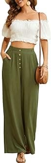 Women Flowy Pants Cotton Linen Wide Leg Palazzo Pants Long Lounge Slacks High Waist Button Trousers Pocket