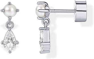 14K Gold Plated Sentimental Dangle Flat Back Earrings for Women | Helix and Cartilage Pearl Cluster Triangle Lotus Pear Marquise Cubic Zirconia Screw Back Earring Pair