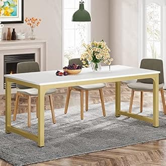Tribesigns 71"x31.5" Dining Table, Industrial Kitchen Table for 6-8 Person, Rectangular Dinner Table for Dining Room Kitchen Living Room, with Heavy Duty Metal Legs, White/Gold