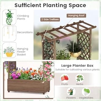COSTWAY Garden Planter with Trellis, Hanging Roof and Drainage Holes, Weather-Resistant Wooden Raised Bed for Vine Climbing Plants, Outdoor Trough Container Grow Box Flower Pot (Coffee, 110x44x180cm)